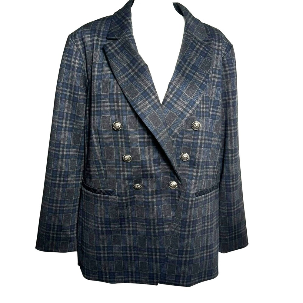 SUSAN GRAVER Women 24 Blue Gray Plaid Blazer Jacket Double Breasted Stretch Work